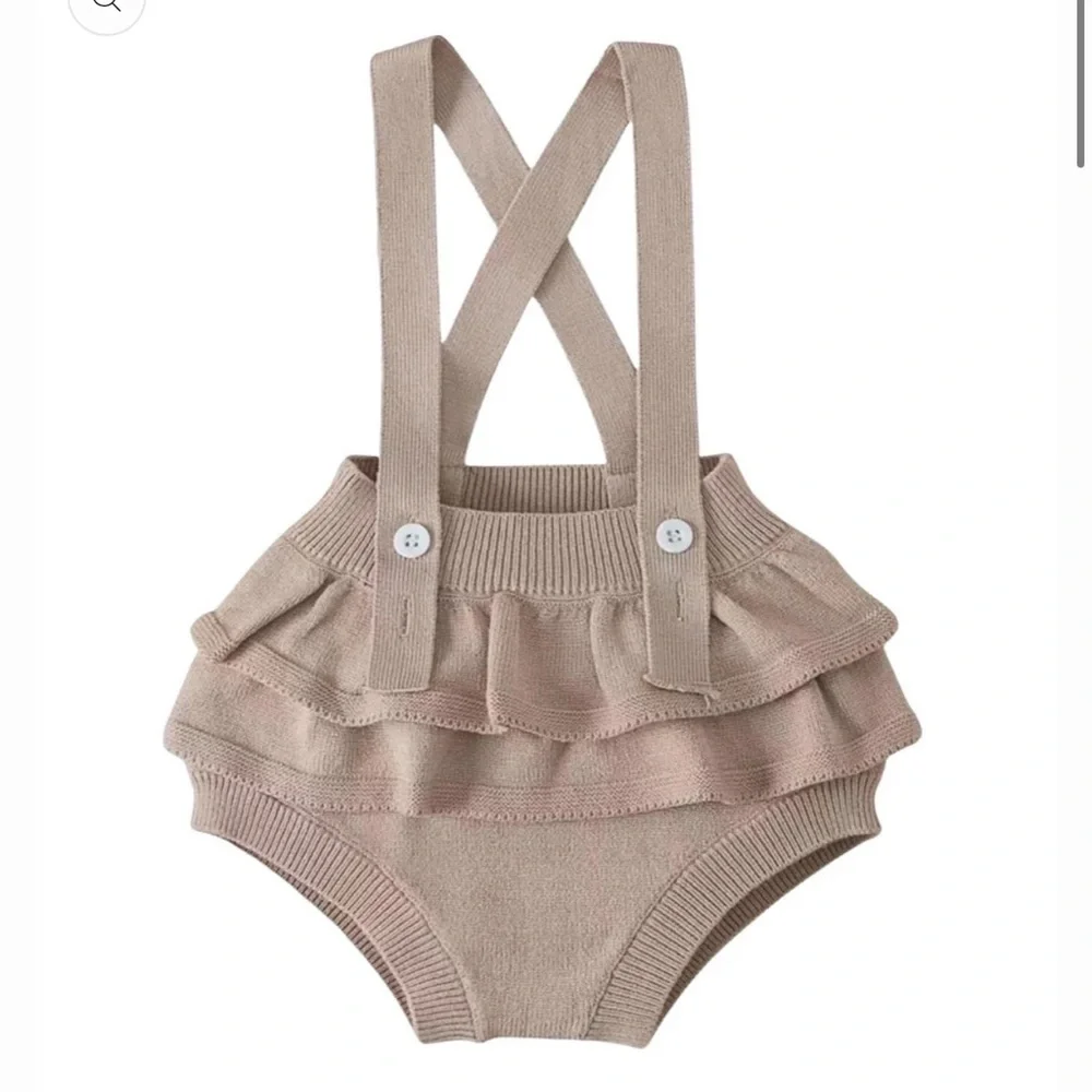 Adorable Tan Ruffle Suspender Baby Romper